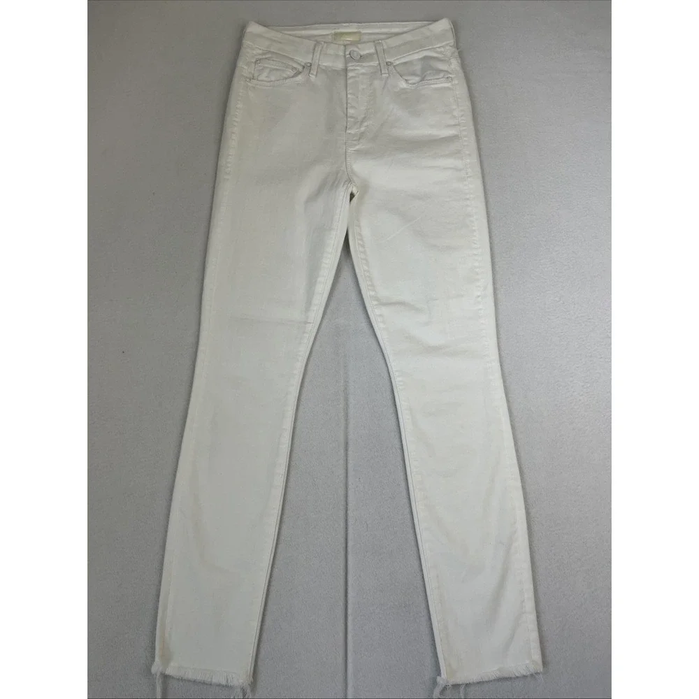 Mother High Waisted Looker Ankle Fray Stayin Alive Skinny Jeans White 25